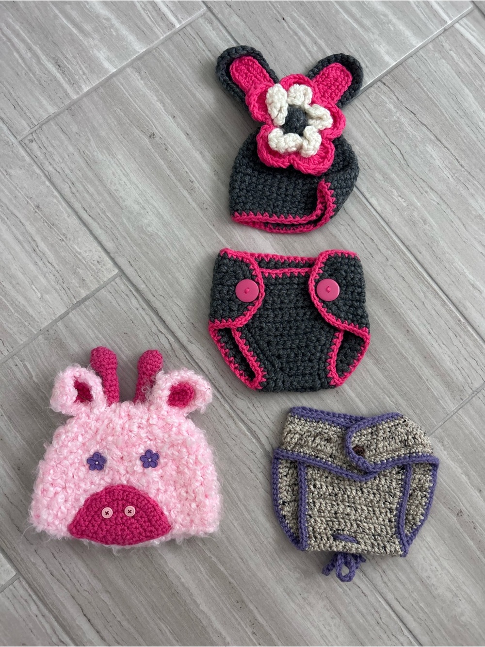 Handmade Crochet Bunny/Flower Hat Set, pig and diaper cover bundle